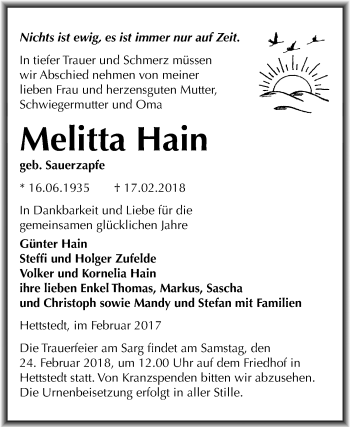 Traueranzeige von Melitta Hain von Mitteldeutsche Zeitung