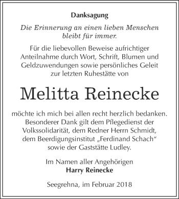 Traueranzeige von Melitta Reinecke von WVG - Wochenspiegel Wittenberg