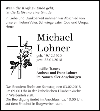 Traueranzeige von Michael Lohner von WVG - Wochenspiegel NMB / WSF / ZTZ