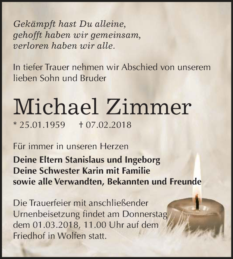  Traueranzeige für Michael Zimmer vom 24.02.2018 aus Mitteldeutsche Zeitung Bitterfeld