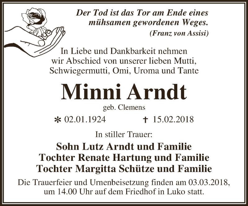 Traueranzeige für Minni Arndt vom 24.02.2018 aus WVG - Wochenspiegel Dessau / Köthen
