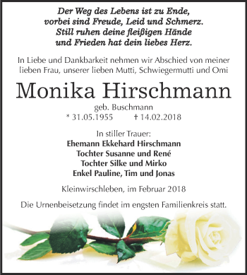 Traueranzeige von Monika Hirschmann von Super Sonntag Bernburg