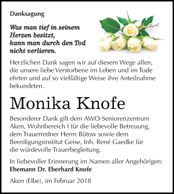 Traueranzeige von Monika Knofe von WVG - Wochenspiegel Dessau / Köthen