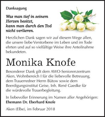 Traueranzeige von Monika Knofe von Mitteldeutsche Zeitung Dessau-Roßlau