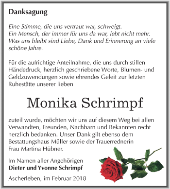 Traueranzeige von Monika Schrimpf von Mitteldeutsche Zeitung Aschersleben