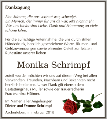 Traueranzeige von Monika Schrimpf von Super Sonntag Aschersleben