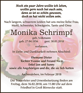 Traueranzeige von Monika Schrimpf von Super Sonntag Aschersleben