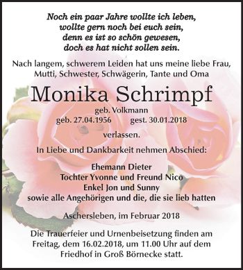Traueranzeige von Monika Schrimpf von Mitteldeutsche Zeitung Aschersleben