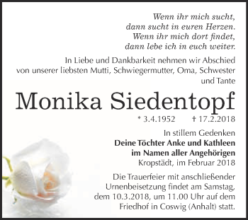Traueranzeige von Monika Siedentopf von Super Sonntag Wittenberg