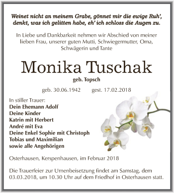 Traueranzeige von Monika Tuschak von Super Sonntag SGH Mansf. Land