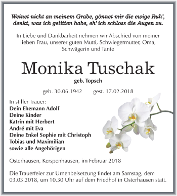 Traueranzeige von Monika Tuschak von Mitteldeutsche Zeitung