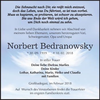 Traueranzeige von Norbert Bedranowsky von Mitteldeutsche Zeitung