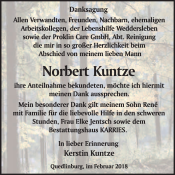 Traueranzeige von Norbert Kuntze von WVG - Wochenspiegel Quedlinburg