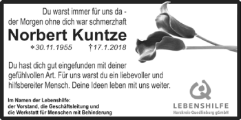 Traueranzeige von Norbert Kuntze von Super Sonntag Quedlinburg