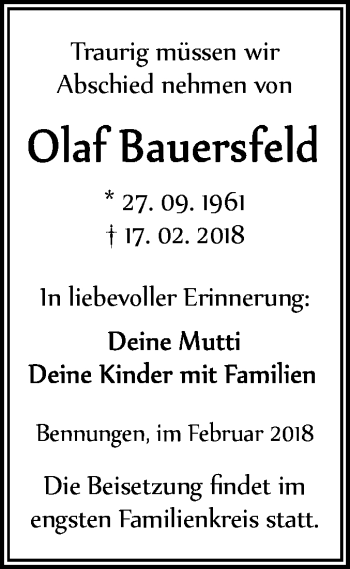 Traueranzeige von Olaf Bauersfeld von Mitteldeutsche Zeitung