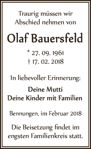 Traueranzeige von Olaf Bauersfeld von Super Sonntag SGH Mansf. Land
