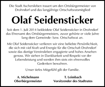 Traueranzeige von Olaf Seidensticker von Mitteldeutsche Zeitung