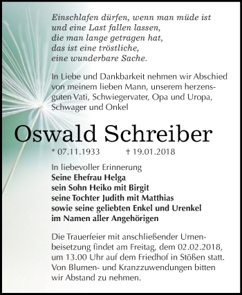 Traueranzeige von Oswald Schreiber von WVG - Wochenspiegel NMB / WSF / ZTZ