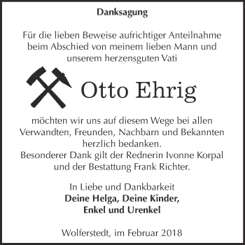 Traueranzeige von Otto Ehrig von Super Sonntag SGH Mansf. Land