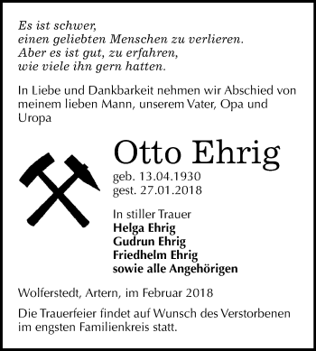 Traueranzeige von Otto Ehrig von Mitteldeutsche Zeitung Sangerhausen