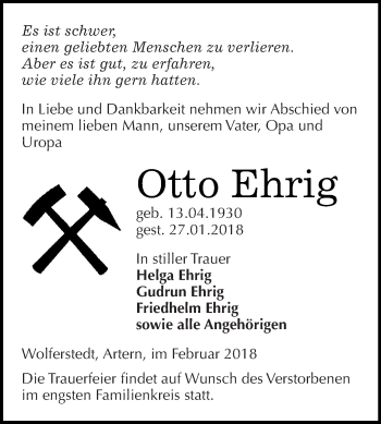 Traueranzeige von Otto Ehrig von Super Sonntag SGH Mansf. Land