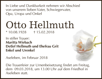 Traueranzeige von Otto Hellmuth von Super Sonntag SGH Mansf. Land
