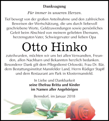 Traueranzeige von Otto Hinko von Wochenspiegel Mansfelder Land