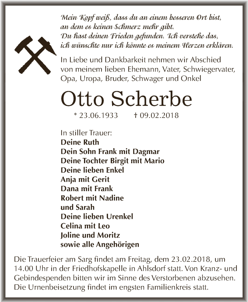  Traueranzeige für Otto Scherbe vom 21.02.2018 aus Wochenspiegel Mansfelder Land