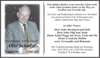 Traueranzeige von Otto Schulze von WVG - Wochenspiegel Dessau / Köthen
