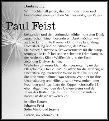 Traueranzeige von Paul Feist von Super Sonntag Merseburg