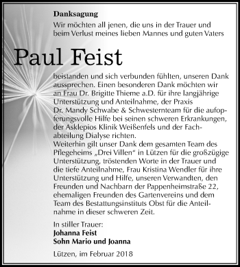 Traueranzeige von Paul Feist von Mitteldeutsche Zeitung Weißenfels