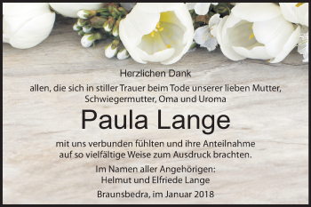 Traueranzeige von Paula Lange von Mitteldeutsche Zeitung Merseburg/Querfurt