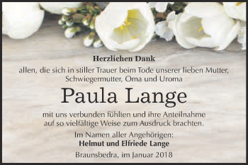 Traueranzeige von Paula Lange von WVG - Wochenspiegel Merseburg