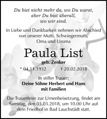 Traueranzeige von Paula List von Mitteldeutsche Zeitung