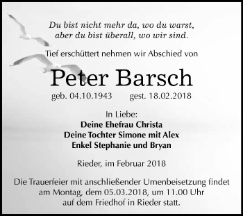 Traueranzeige von Peter Barsch von WVG - Wochenspiegel Quedlinburg