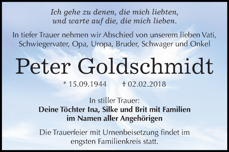  Traueranzeige für Peter Goldschmidt vom 10.02.2018 aus Mitteldeutsche Zeitung Halle/Saalkreis