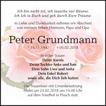 Traueranzeige von Peter Grundmann von Mitteldeutsche Zeitung Bitterfeld