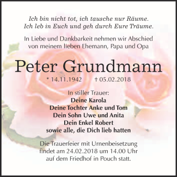 Traueranzeige von Peter Grundmann von WVG - Wochenspiegel Bitterfeld