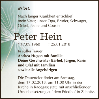 Traueranzeige von Peter Hein von WVG - Wochenspiegel Dessau / Köthen