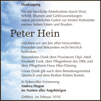 Traueranzeige von Peter Hein von WVG - Wochenspiegel Dessau / Köthen