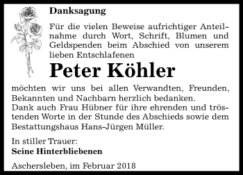 Traueranzeige von Peter Köhler von Mitteldeutsche Zeitung Aschersleben