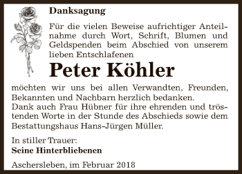 Traueranzeige von Peter Köhler von Super Sonntag Aschersleben