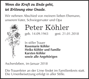 Traueranzeige von Peter Köhler von Super Sonntag Aschersleben