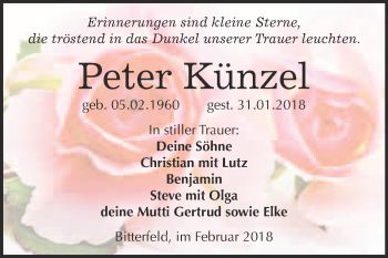 Traueranzeige von Peter Künzel von WVG - Wochenspiegel Bitterfeld