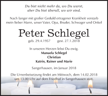 Traueranzeige von Peter Schlegel von Mitteldeutsche Zeitung Sangerhausen