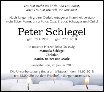 Traueranzeige von Peter Schlegel von Super Sonntag SGH Mansf. Land