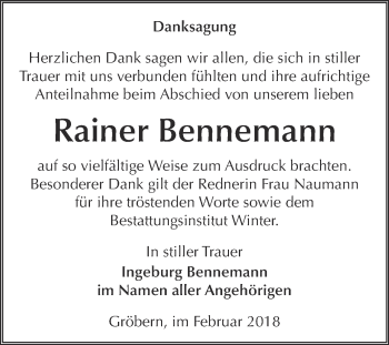 Traueranzeige von Rainer Bennemann von WVG - Wochenspiegel Bitterfeld