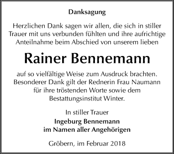 Traueranzeige von Rainer Bennemann von Mitteldeutsche Zeitung Bitterfeld