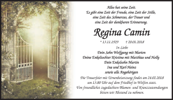 Traueranzeige von Regina Camin von WVG - Wochenspiegel Bitterfeld
