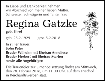 Traueranzeige von Regina Gatzke von WVG - Wochenspiegel NMB / WSF / ZTZ